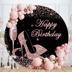 Aperturee - Pink Glitter Heels Round Black Birthday Backdrop