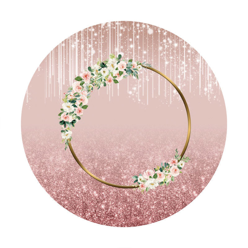 Aperturee - Pink Glitter Round Girls Floral Birthday Backdrop