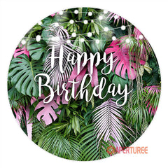 Aperturee - Pink Green Tropical Leaf Happy Birthday Backdrop