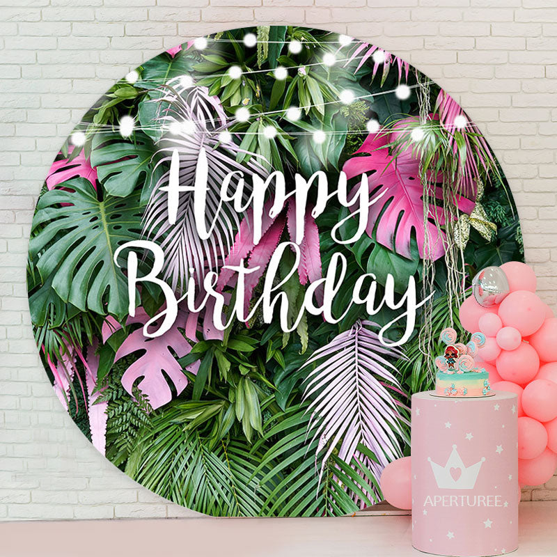Aperturee - Pink Green Tropical Leaf Happy Birthday Backdrop