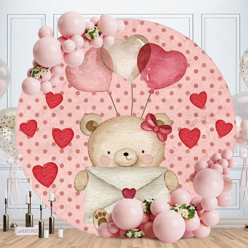 Aperturee - Pink Letter Love Bear Round Valentines Backdrop