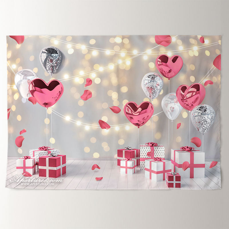 Aperturee - Pink Silver Heart Balloons Light Valentines Backdrop
