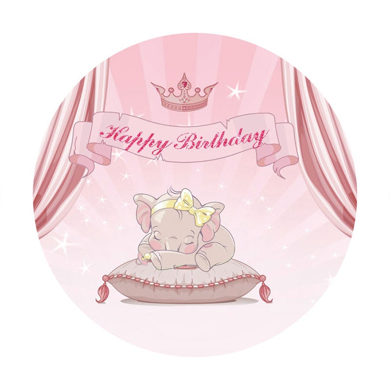 Aperturee - Pink Sleep Elephant Glitter Round Birthday Backdrop