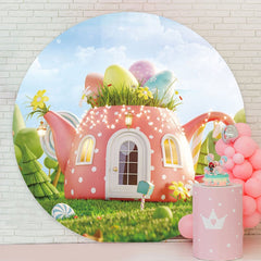 Aperturee - Pink Teapot House Happy Birthday Round Backdrop