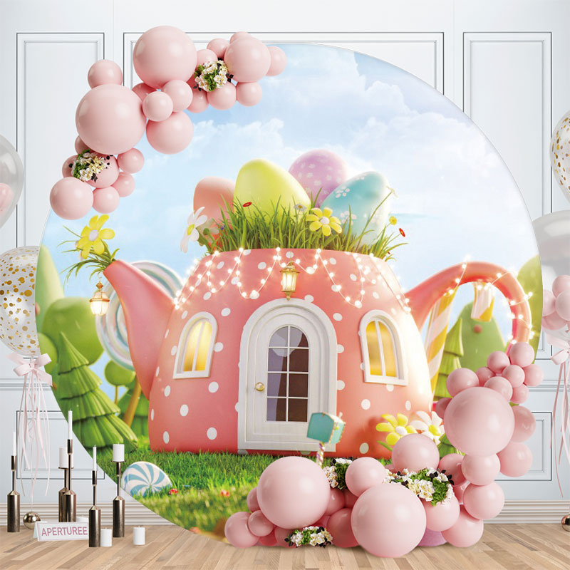 Aperturee - Pink Teapot House Happy Birthday Round Backdrop
