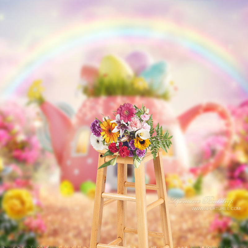 Aperturee - Pink Teapot House Rainbow Floral Spring Backdrop