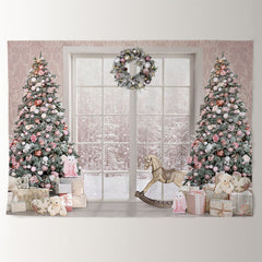 Aperturee - Pink Theme Tree Window Snowy Christmas Backdrop