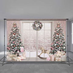 Aperturee - Pink Theme Tree Window Snowy Christmas Backdrop