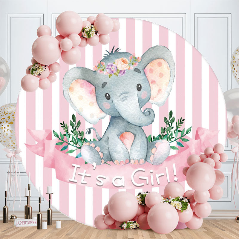 Aperturee - Pink-White Stripe Elephant Circle Baby Shower Backdrop