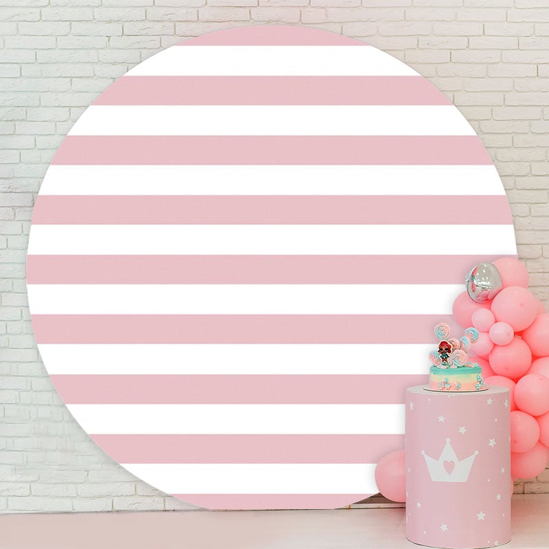 Aperturee - Pink White Stripe Round Happy Birthday Backdrop