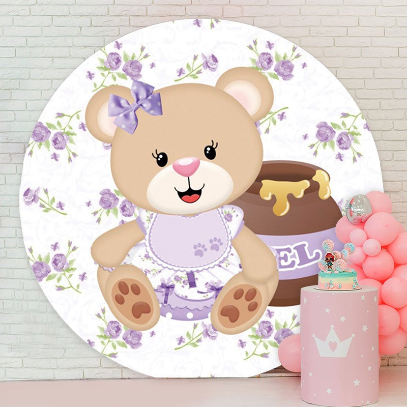 Aperturee - Purple Bear Round Girls Baby Shower Backdrop