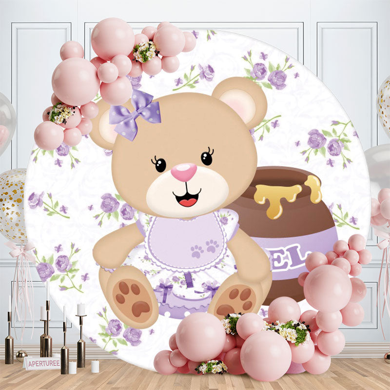 Aperturee - Purple Bear Round Girls Baby Shower Backdrop