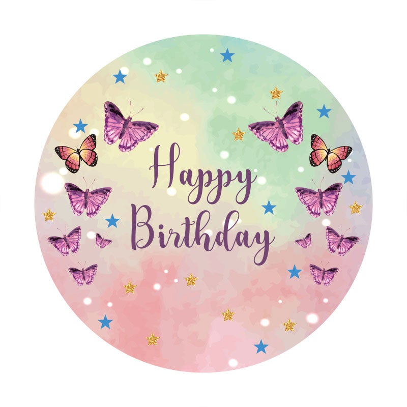 Aperturee - Purple Butterfly Round Happy Birthday Backdrop