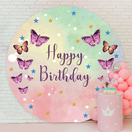 Aperturee - Purple Butterfly Round Happy Birthday Backdrop