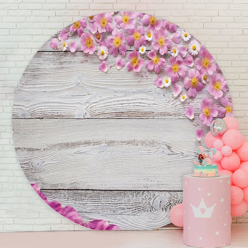 Aperturee - Purple Floral Round White Wood Birthday Backdrop