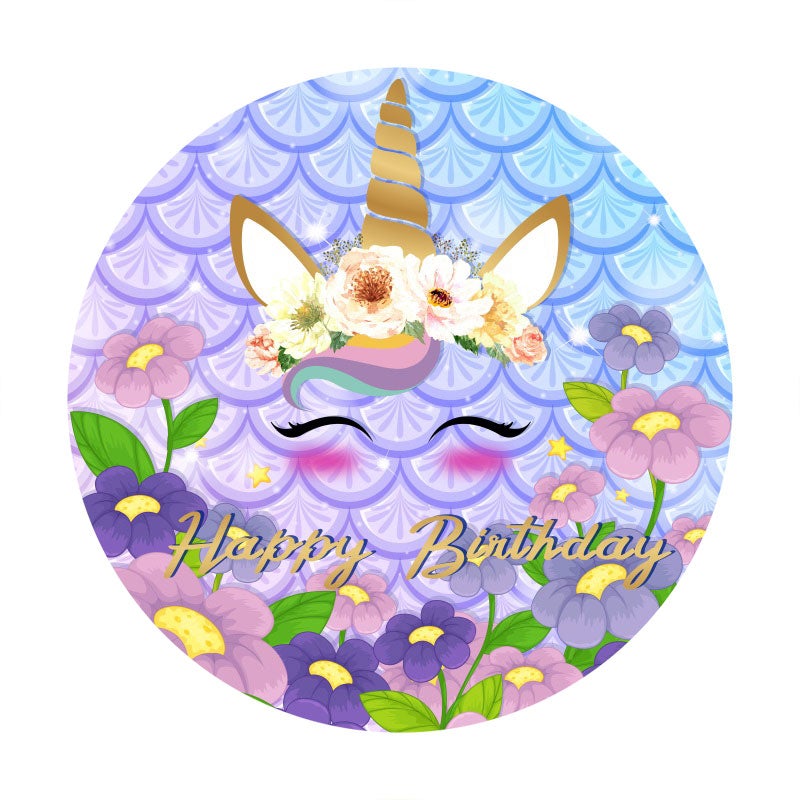 Aperturee - Purple Floral Unicorn Round Birthday Backdrop