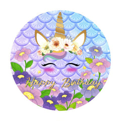 Aperturee - Purple Floral Unicorn Round Birthday Backdrop