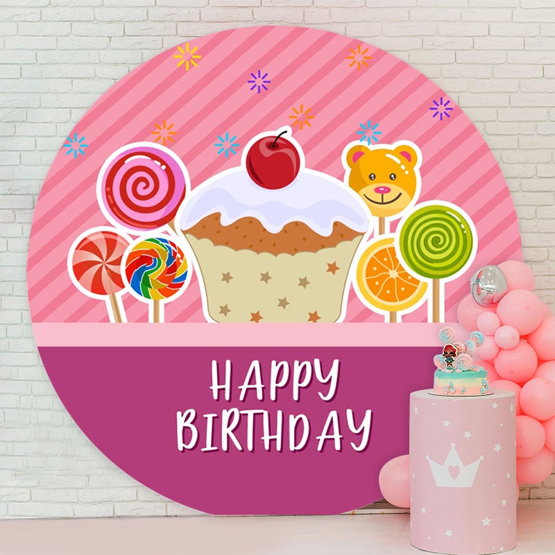 Aperturee - Purple Pink Candy Round Happy Birthday Backdrop