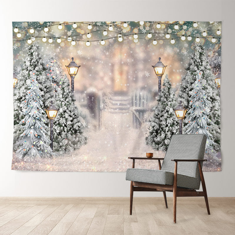 Aperturee Quiet Snowy Garden Lamp White Christmas Backdrop