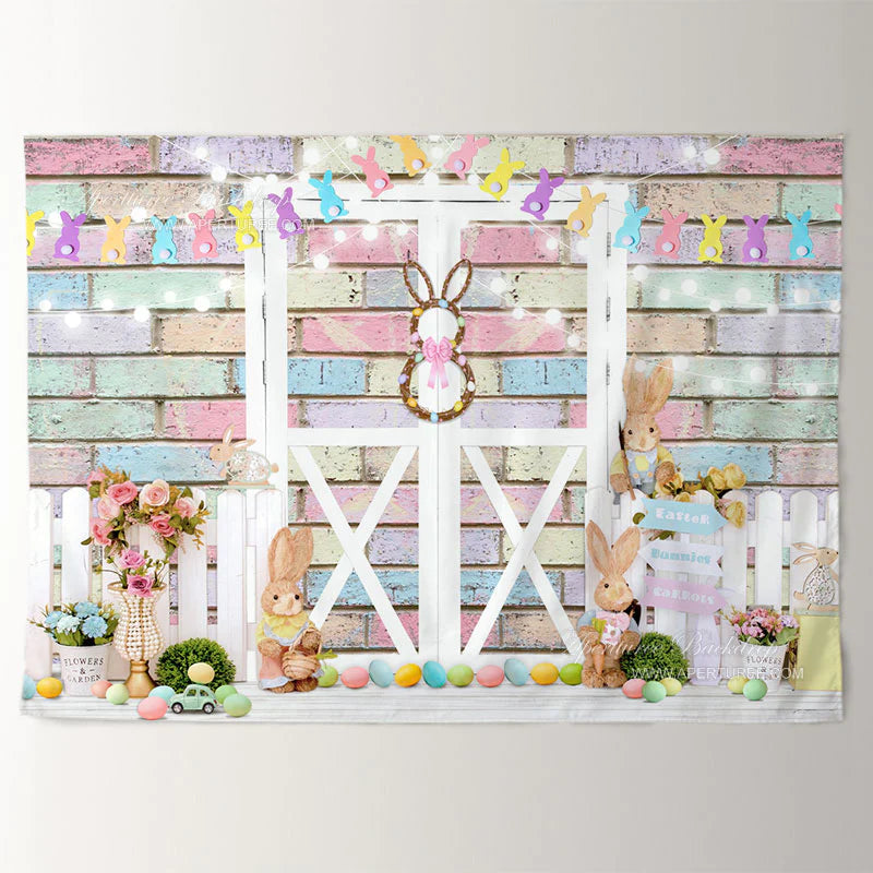 Aperturee - Rabbit Colorful Brick White Fence Easter Backdrop