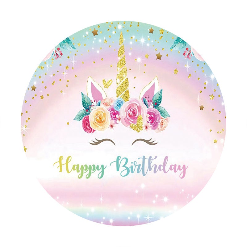 Aperturee - Rainbow Color Unicorn Circle Happy Birthday Backdrop