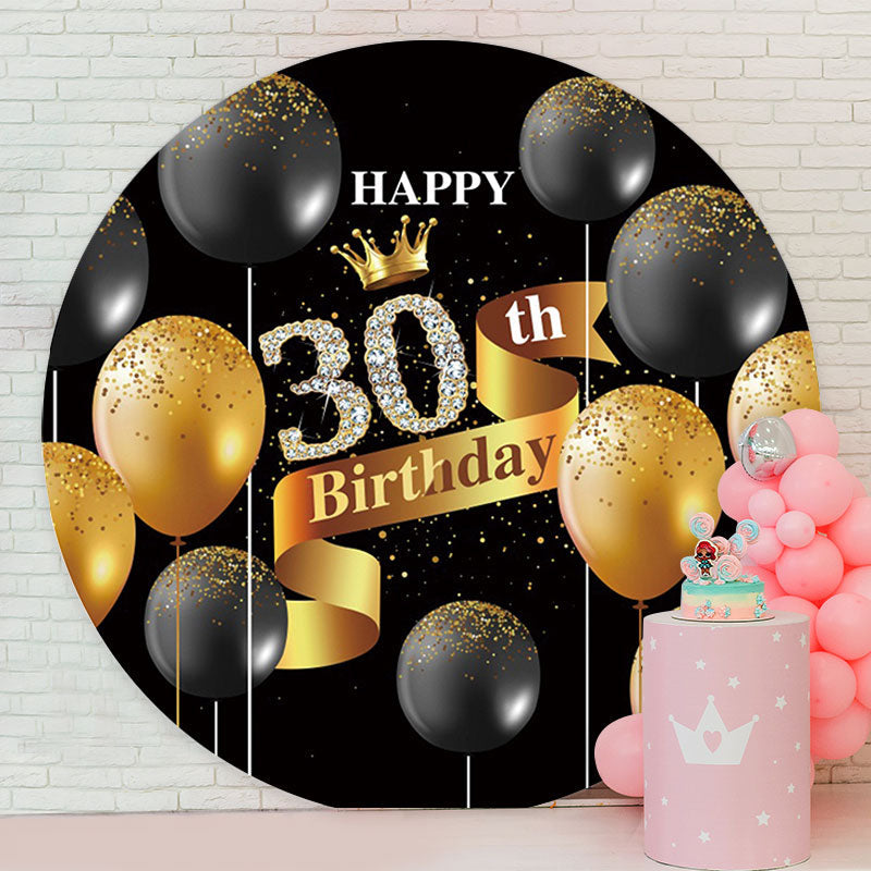 Aperturee - Round Black Gold Balloon 30Th Birthday Backdrop