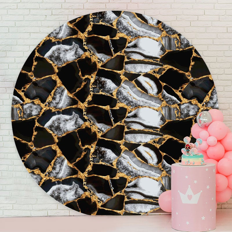 Aperturee - Round Black White Marble Happy Birthday Backdrop