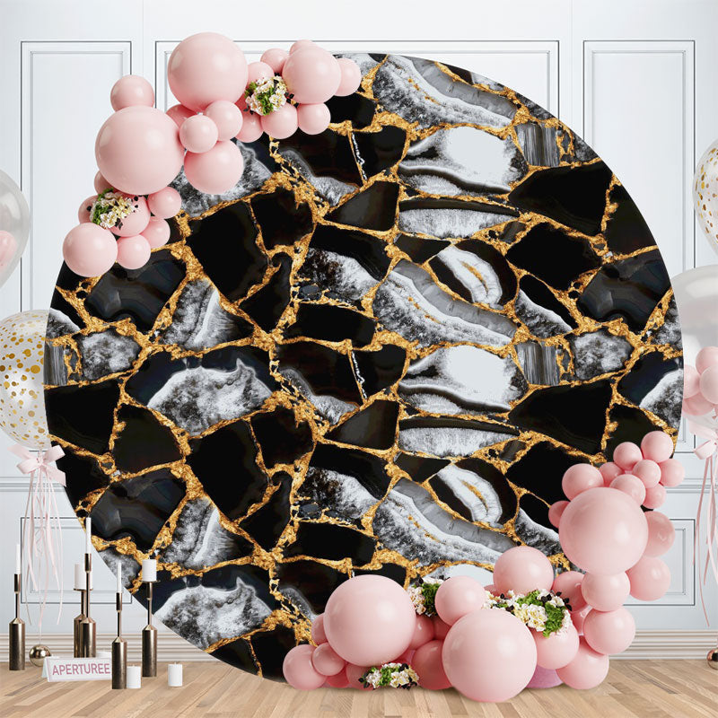 Aperturee - Round Black White Marble Happy Birthday Backdrop