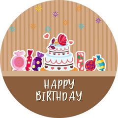 Aperturee - Round Cake Khaki Stripe Happy Birthday Backdrop
