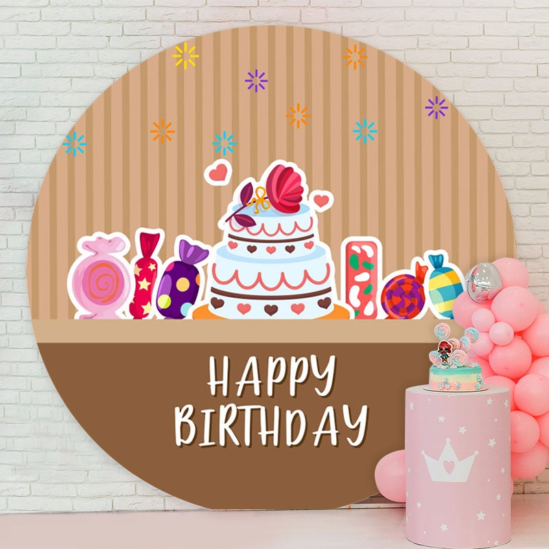 Aperturee - Round Cake Khaki Stripe Happy Birthday Backdrop