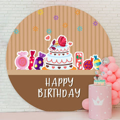 Aperturee - Round Cake Khaki Stripe Happy Birthday Backdrop