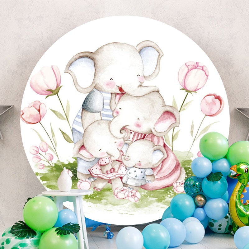 Aperturee - Round Elephant Family Happy Birthday Backdrop