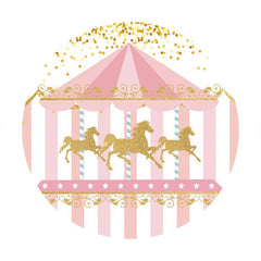Aperturee - Round Golden Carousel Pink Happy Birthday Backdrop