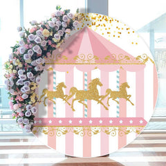 Aperturee - Round Golden Carousel Pink Happy Birthday Backdrop