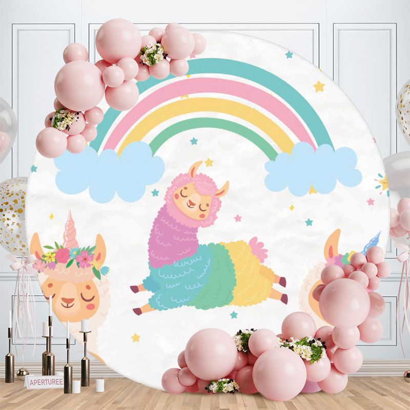 Aperturee - Round Lamb Rainbow Baby Shower Party Backdrop