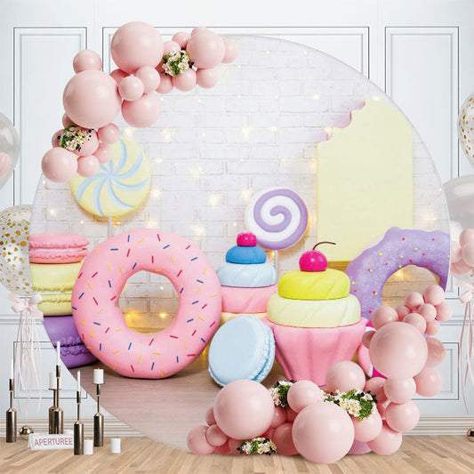 Aperturee - Round Pink Dessert White Wall Happy Birthday Backdrop