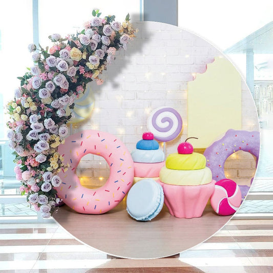 Aperturee - Round Pink Dessert White Wall Happy Birthday Backdrop