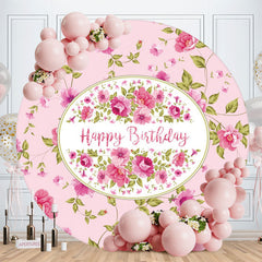 Aperturee - Round Pink Flower Leaves Happy Birthday Backdrop