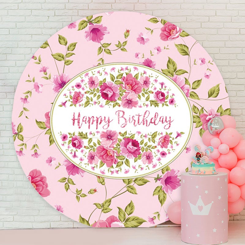 Aperturee - Round Pink Flower Leaves Happy Birthday Backdrop