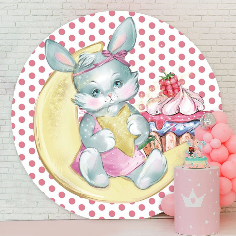 Aperturee - Round Pink Rabbit Moon Happy Birthday Backdrop