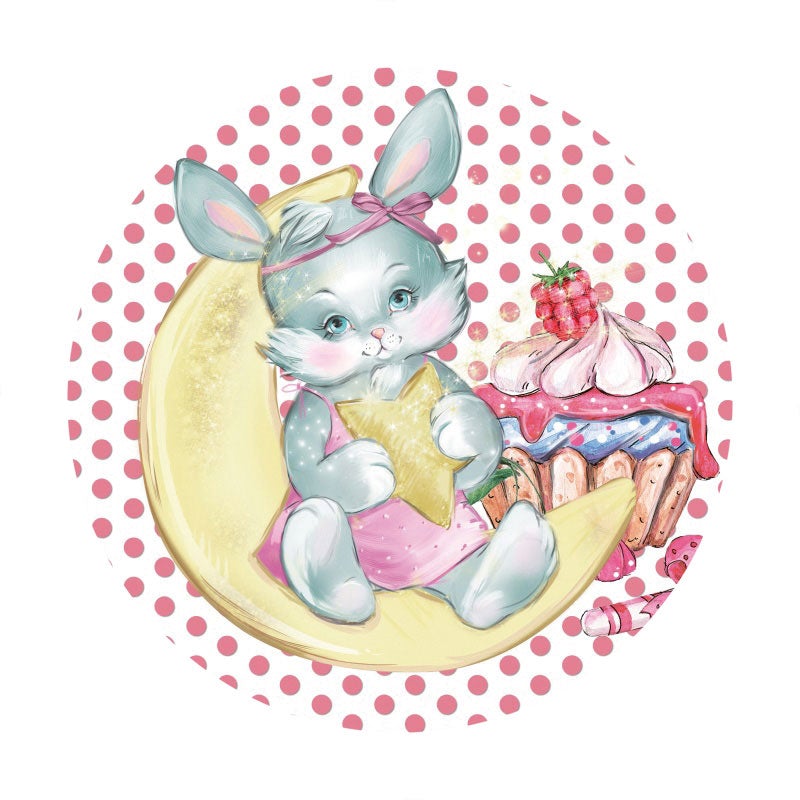 Aperturee - Round Pink Rabbit Moon Happy Birthday Backdrop