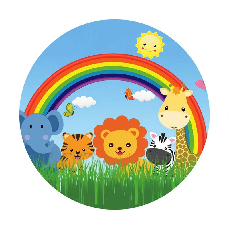 Aperturee - Round Rainbow Animal Grassland Happy Birthday Backdrop