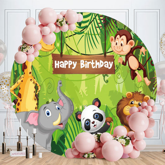 Aperturee - Safari Cartoon Animals Green Happy Birthday Round Backdrops