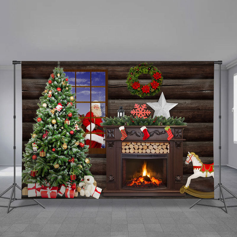 Aperturee - Santa Claus Fireplace Gift Wood Christmas Backdrop