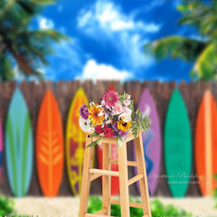 Aperturee - Seaside Palm Tree Surfboard Summer Backdrop For Photo