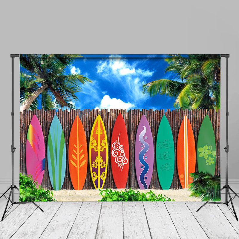 Aperturee - Seaside Palm Tree Surfboard Summer Backdrop For Photo