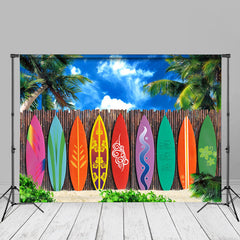Aperturee - Seaside Palm Tree Surfboard Summer Backdrop For Photo