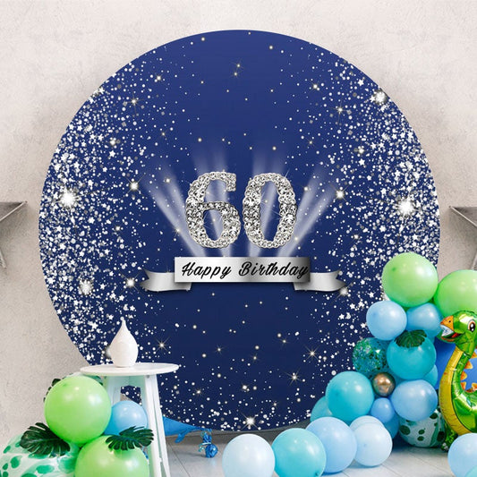 Aperturee - Sliver Glitter Blue Round 60th Birthday Backdrop
