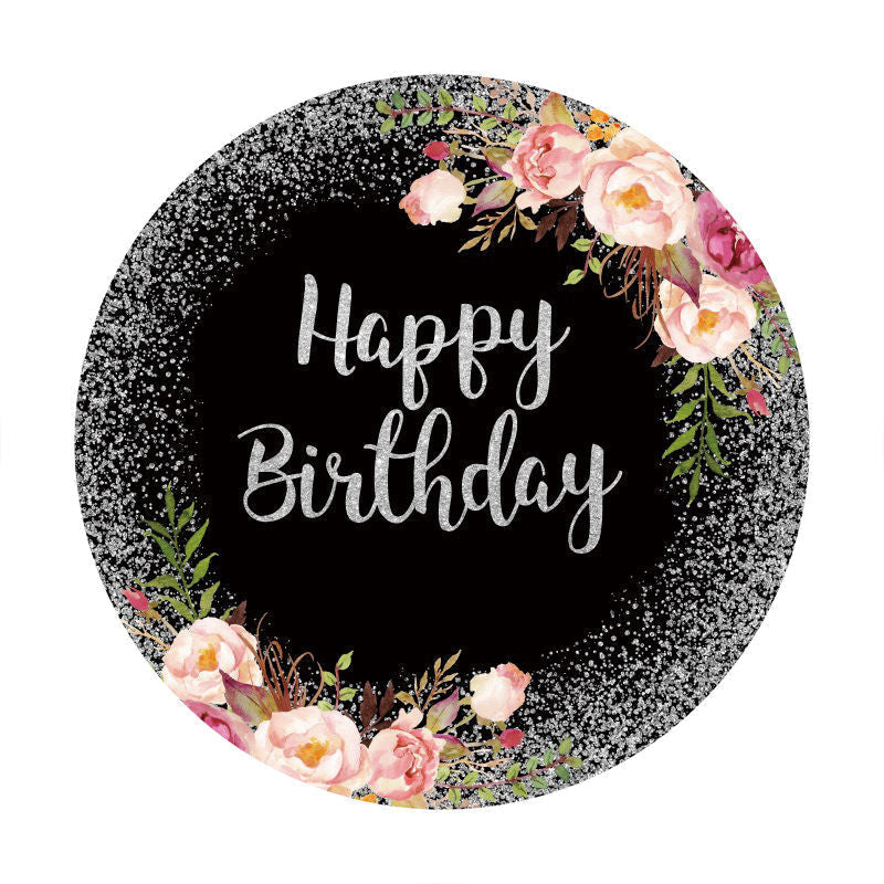 Aperturee - Sliver Glitter Round Floral Birthday Backdrop