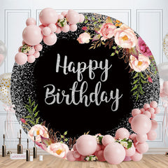 Aperturee - Sliver Glitter Round Floral Birthday Backdrop